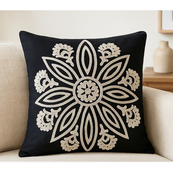 Pottery Barn Black Embroidered Floral Euro Pillow Cover 25x25 Cotton Single - Picture 1 of 11
